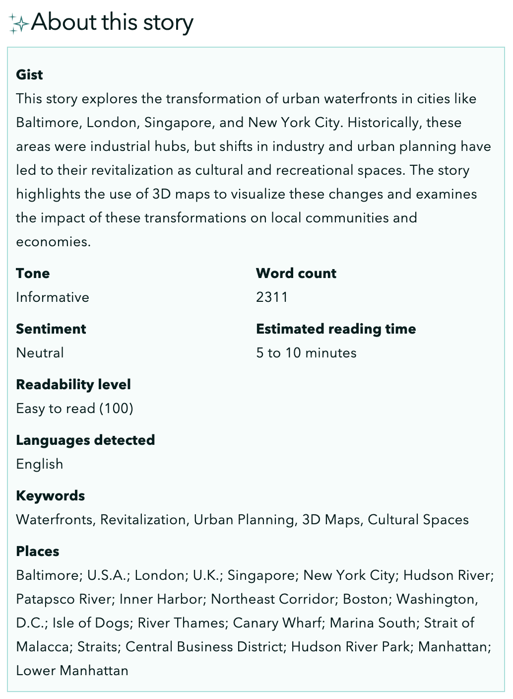 A screenshot of the About this story AI-generated information in the ArcGIS StoryMaps Insights panel.